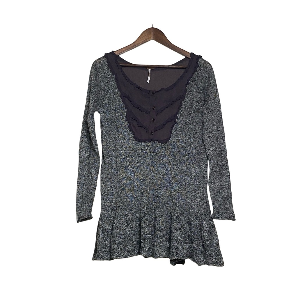 Free People‎ Marled Knit Women Tunic S Grey Linen Ruffle Bib Button Peplum Top